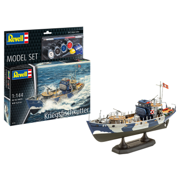 KIT PARA MONTAR REVELL MODEL SET BARCO DE PESCA DE GUERRA KFK KRIEGSFISCHKUTTER 1/144 102 PEÇAS COMPLETO COM TINTAS COLA E PINCEL REV 65242